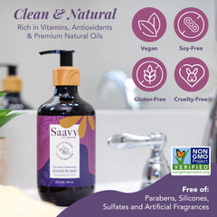 Saavy Naturals hand wash ingredients food-grade label highlights safety and eco-friendly practices.