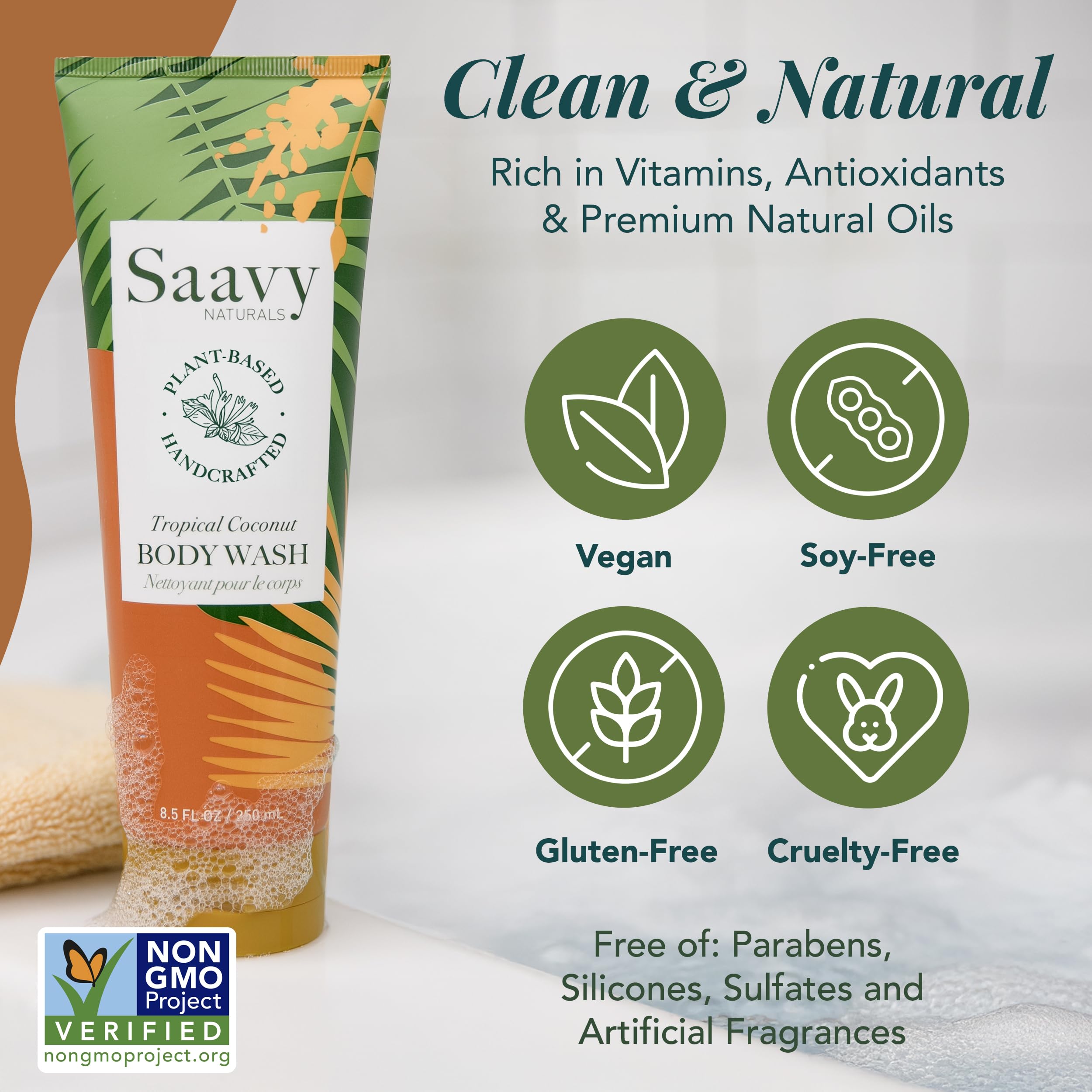 Coconut oil infusion nourishes skin in Saavy Naturals body wash