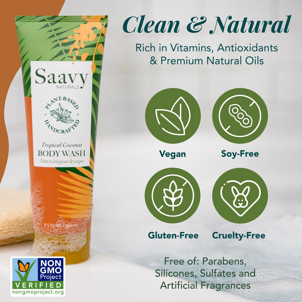 Coconut oil infusion nourishes skin in Saavy Naturals body wash