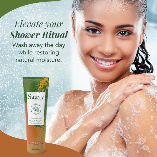 Saavy Naturals Body Wash pour captures creamy cleanse in action