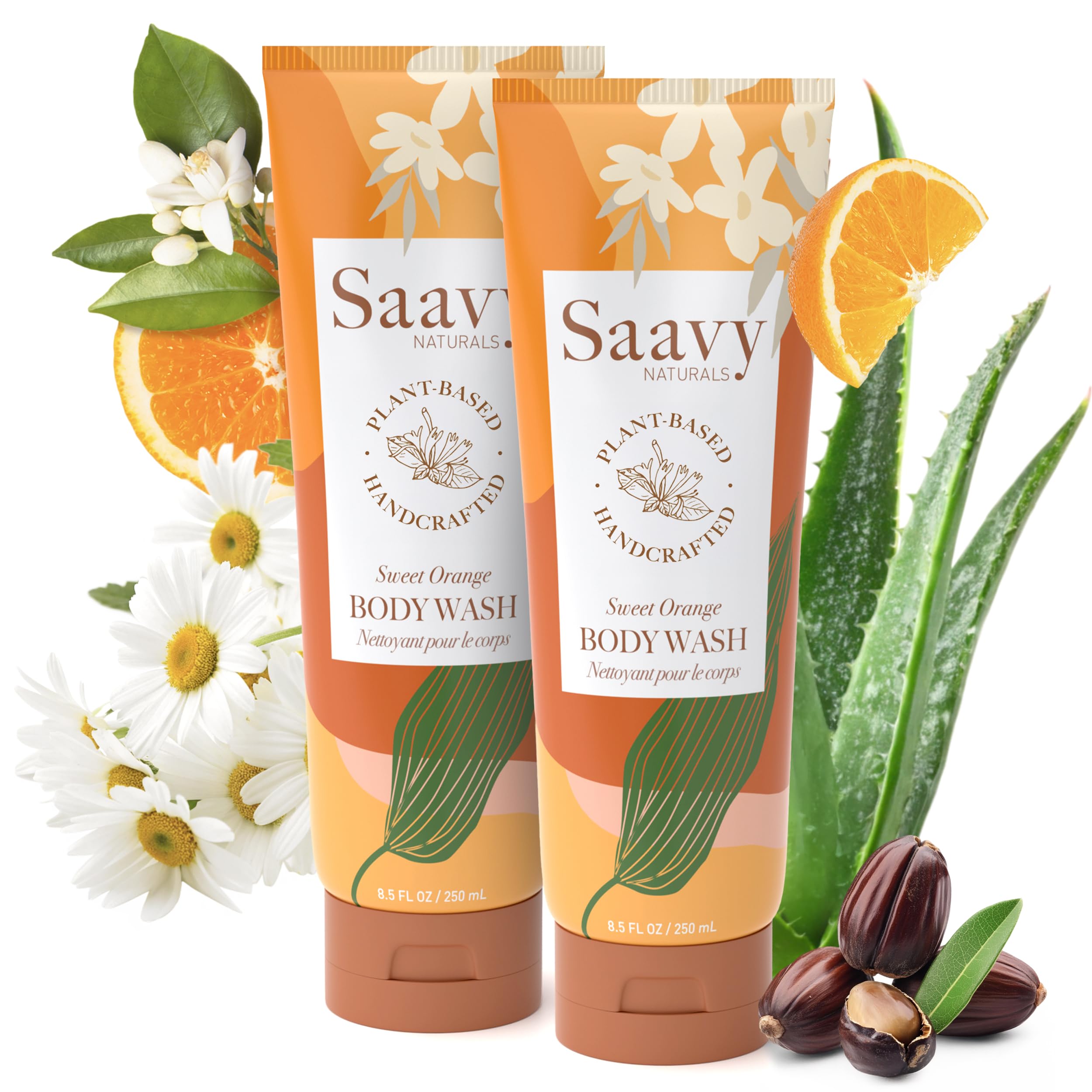 Saavy Naturals Moisturizing Body Wash bottle with Sweet Orange scent for gentle hydration.