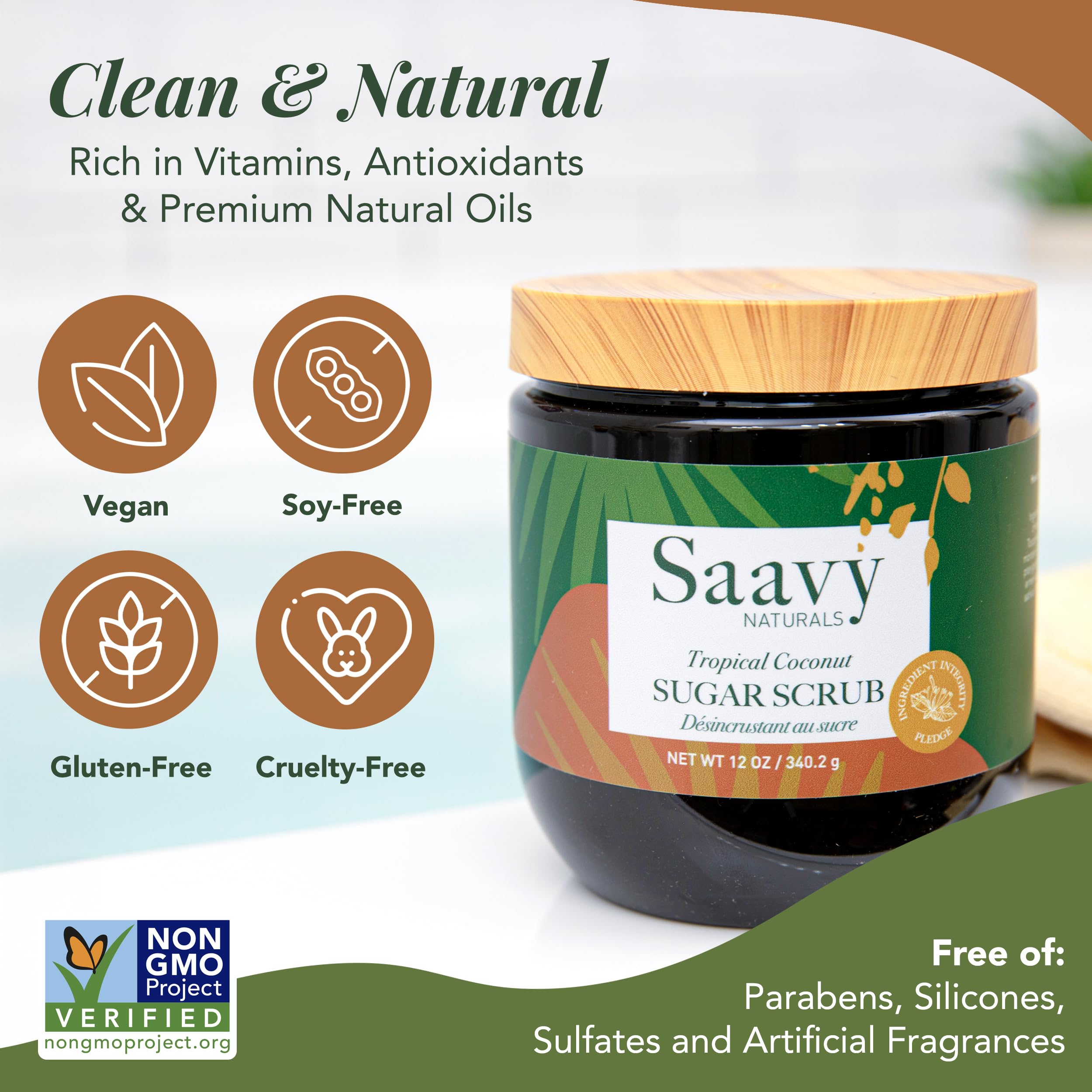 Saavy Naturals sugar exfoliant crystals for gentle skin renewal.