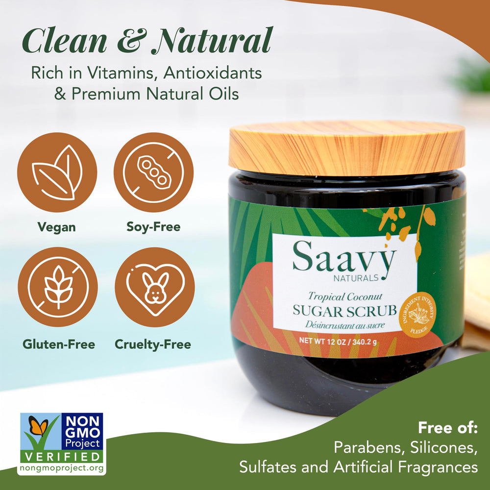 Saavy Naturals sugar exfoliant crystals for gentle skin renewal.