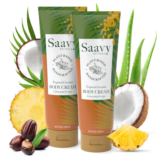 Saavy Naturals Tropical Coconut body cream bottle offering long-lasting hydration for dry skin.