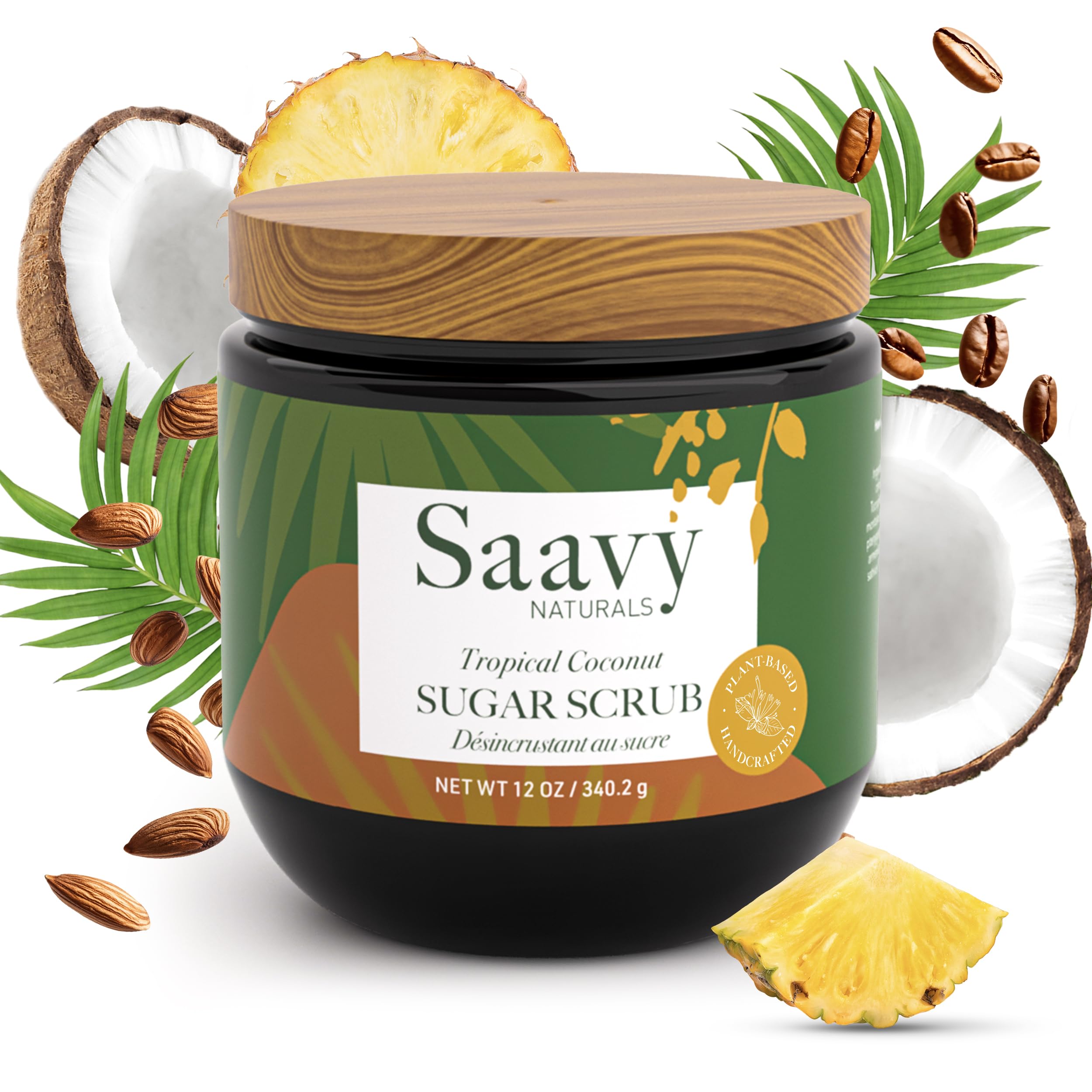 Saavy Naturals tropical coconut scrub bottle for a gentle exfoliation ritual.