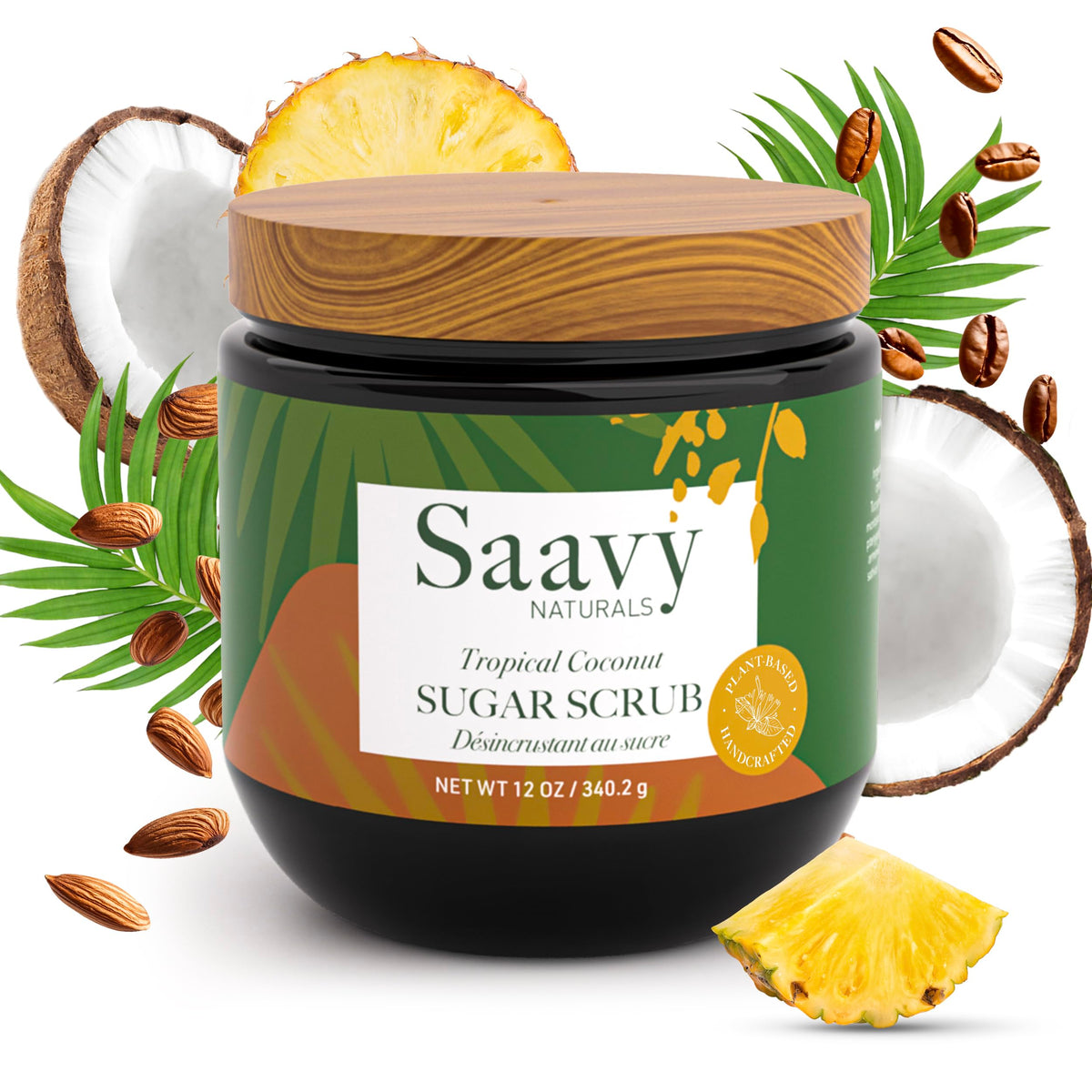 Saavy Naturals tropical coconut scrub bottle for a gentle exfoliation ritual.