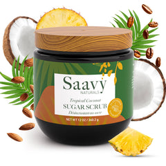 Saavy Naturals tropical coconut scrub bottle for a gentle exfoliation ritual.
