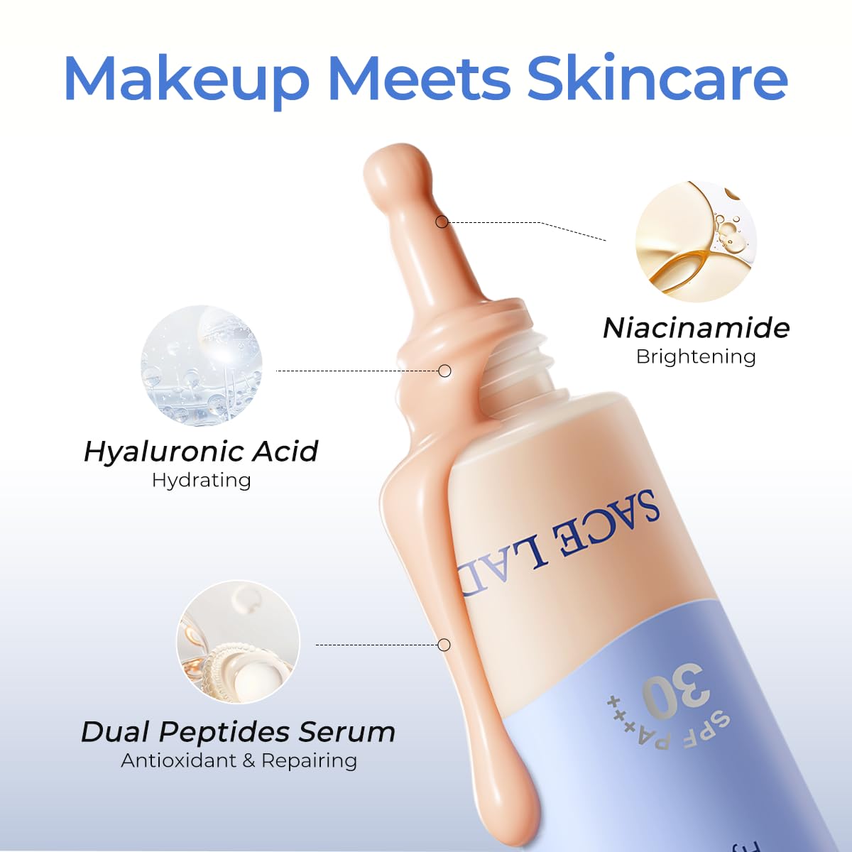 SACE LADY Bare Touch Skin Tint peptides and hyaluronic acid close-up for hydration.