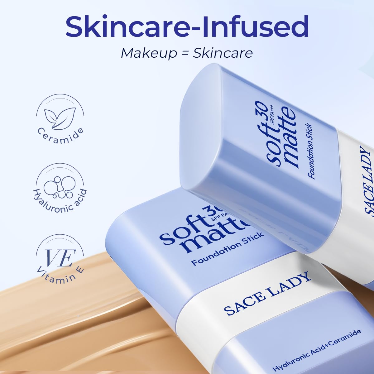 SACE LADY Foundation Stick soft matte finish on skin.