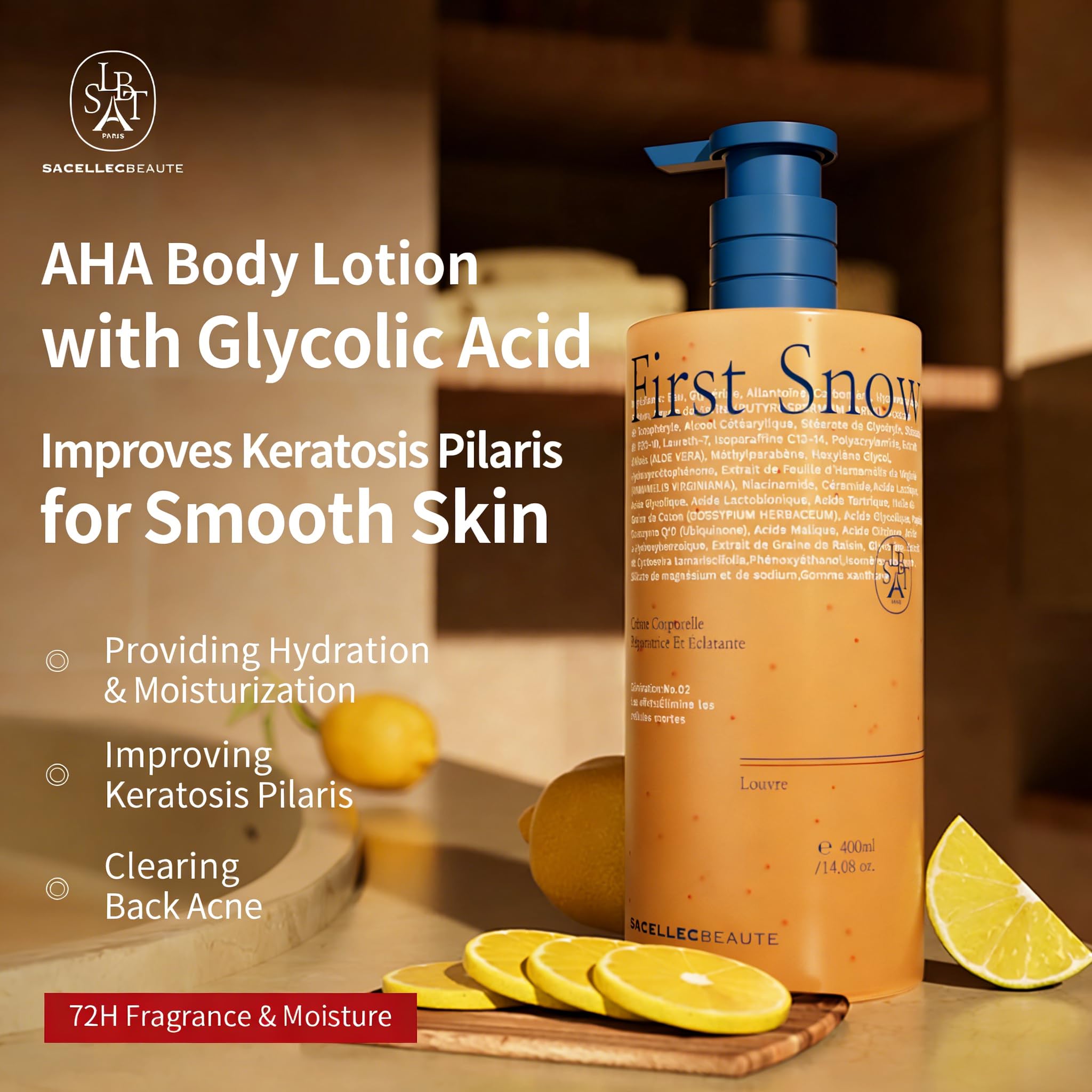 SACELLEC BEAUTE Advanced AHA KP close-up highlights exfoliating benefits for Keratosis Pilaris