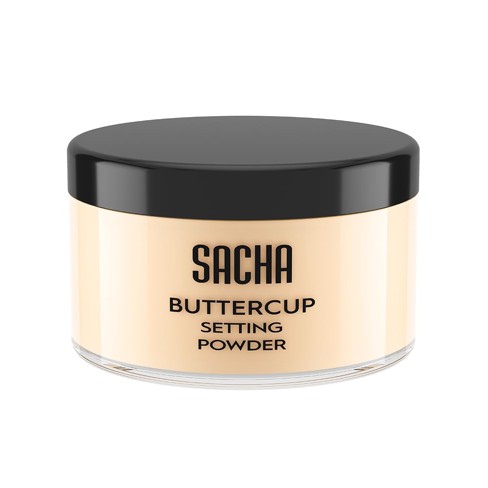 Sacha Buttercup loose setting powder jar showing translucent finish and oil control.