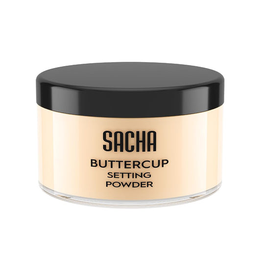Sacha Buttercup loose setting powder jar showing translucent finish and oil control.