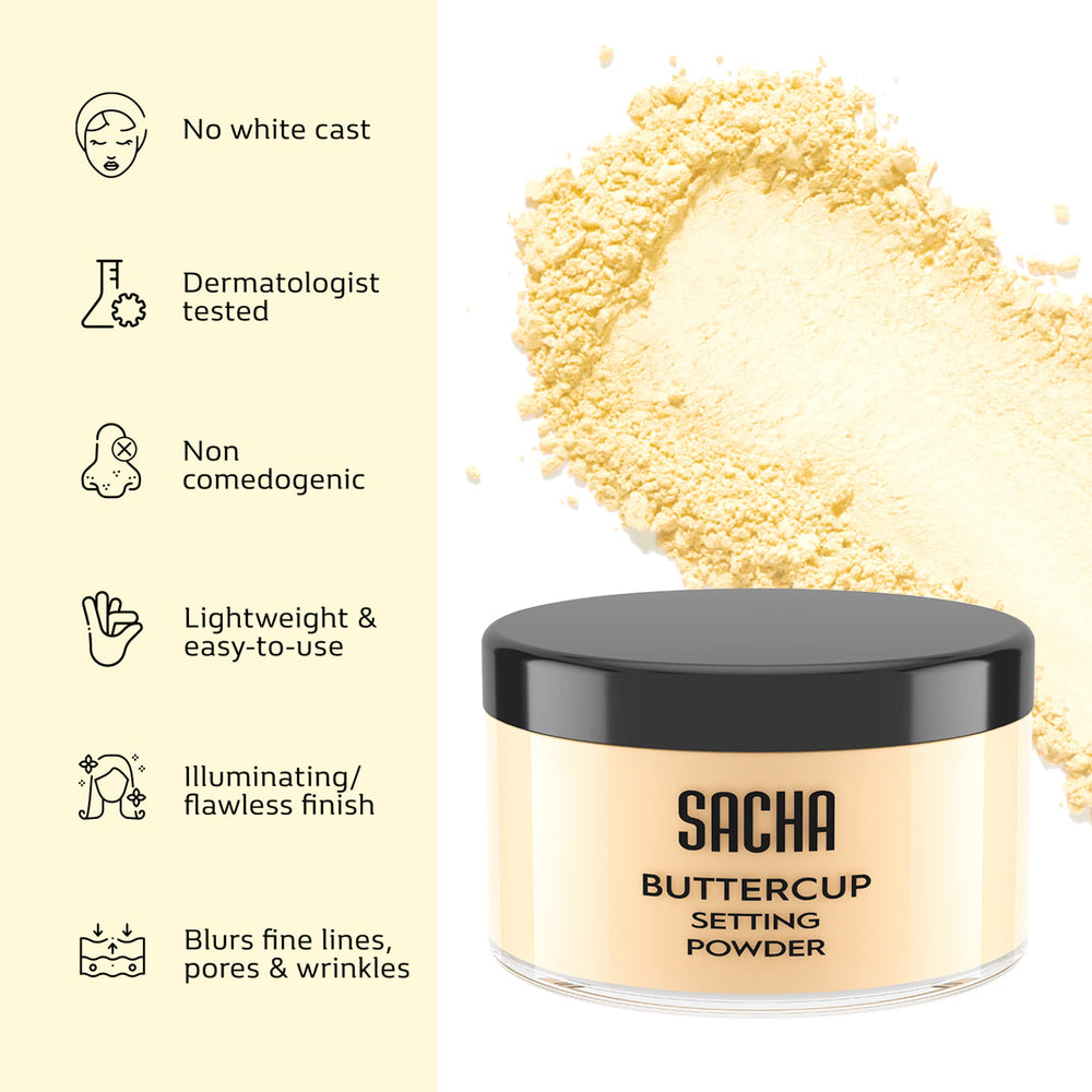 Sacha Buttercup powder on face delivering a matte, blurring finish.