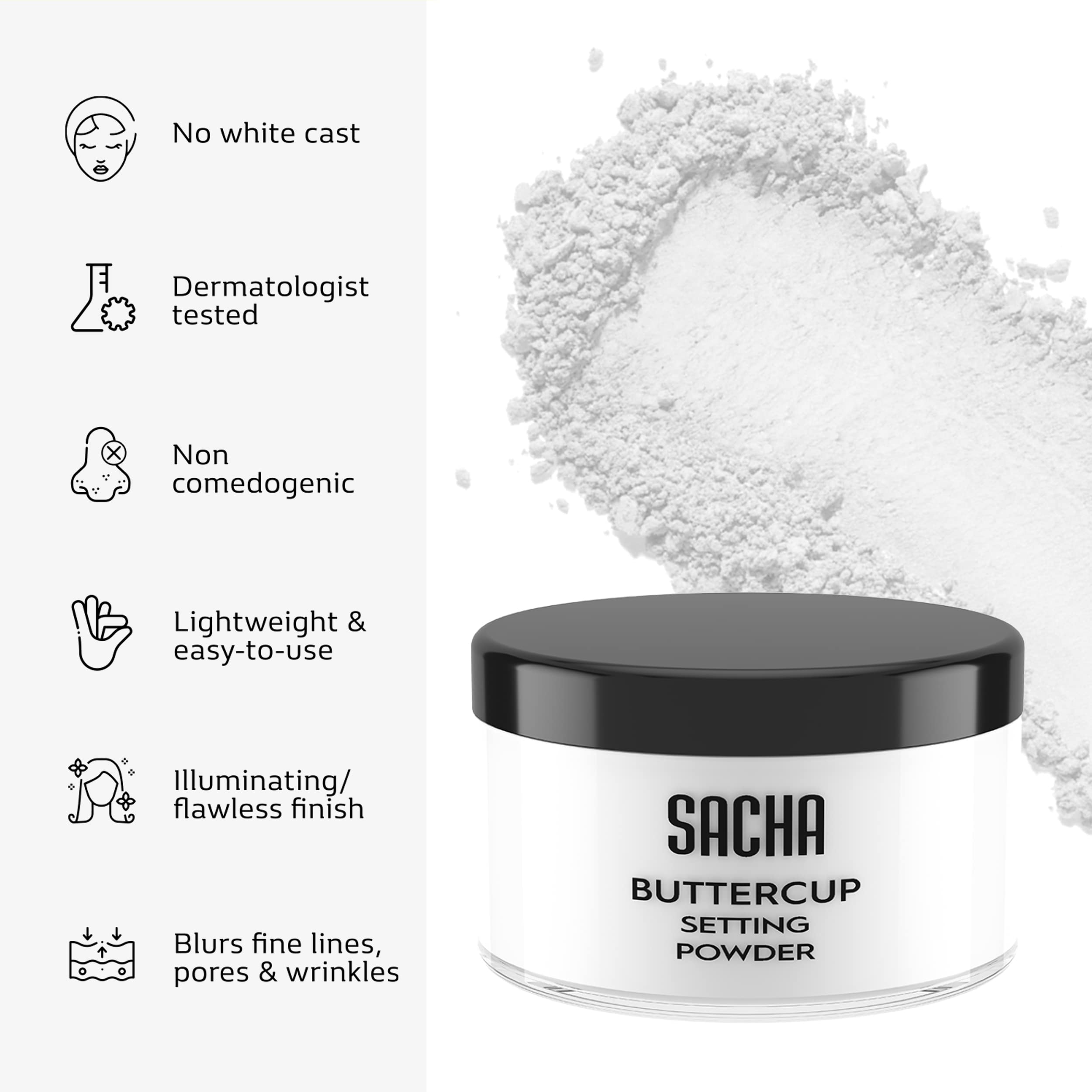 Sacha Buttercup No Color powder application with brush supports baking and precise touch ups.