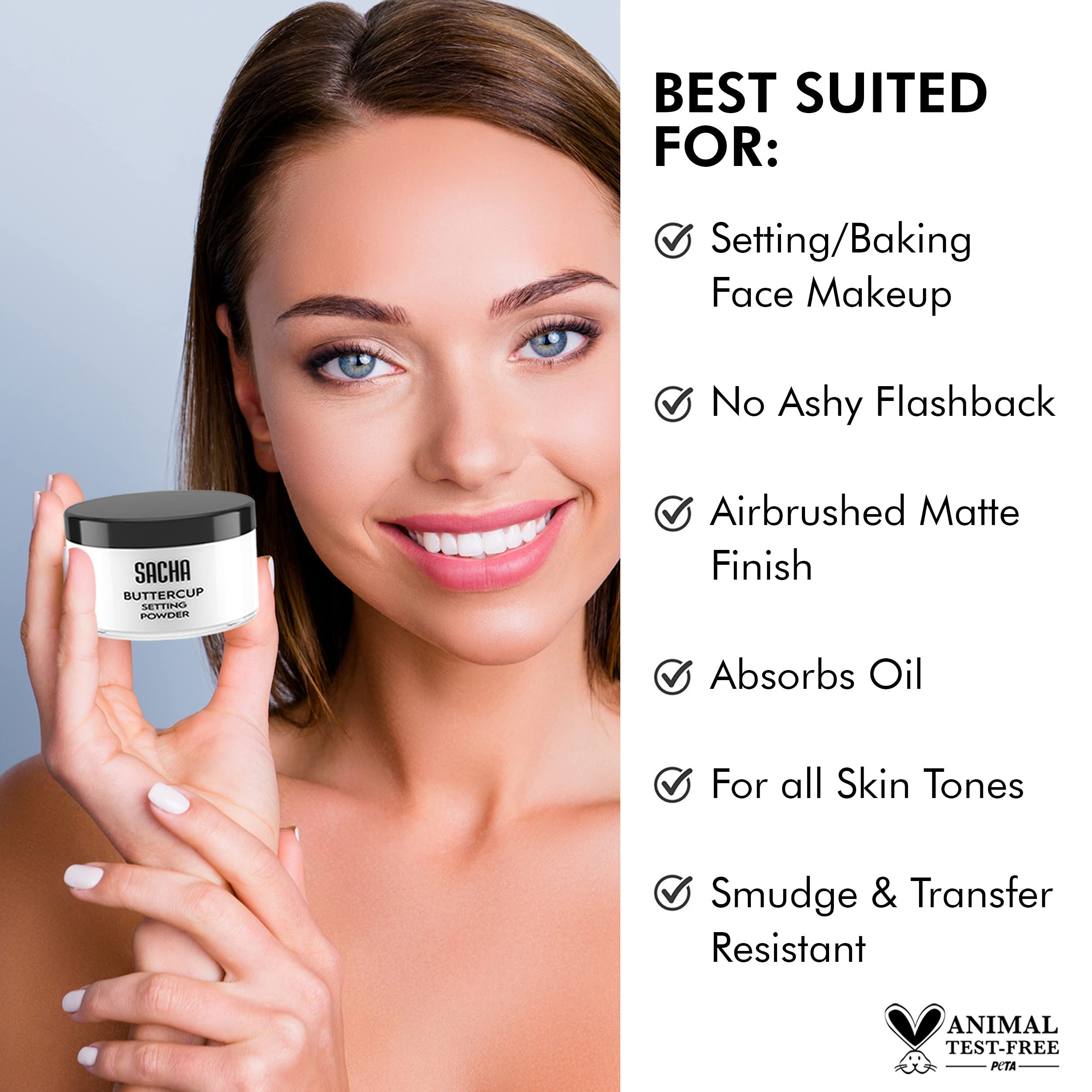 Sacha Buttercup No Color powder on skin delivers oil control and a matte finish.