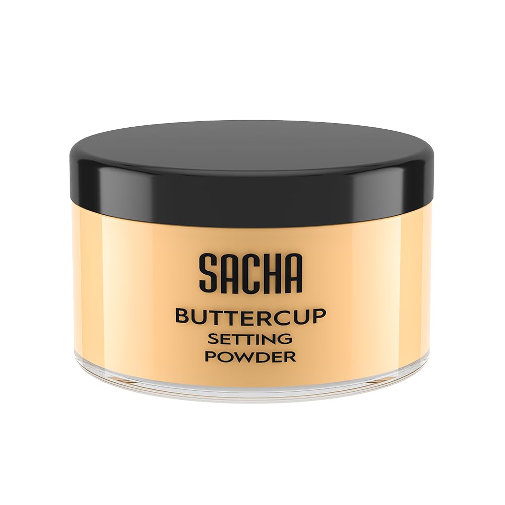Sacha Cosmetics Buttercup Setting Powder bottle closeup with silky translucent finish.