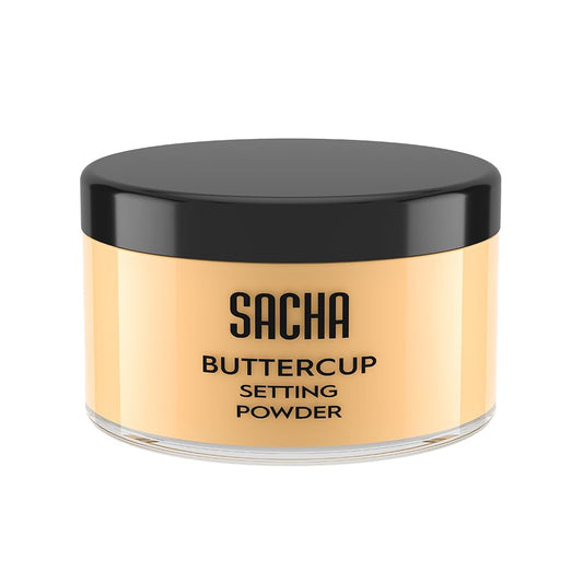 Sacha Cosmetics Buttercup Setting Powder bottle closeup with silky translucent finish.