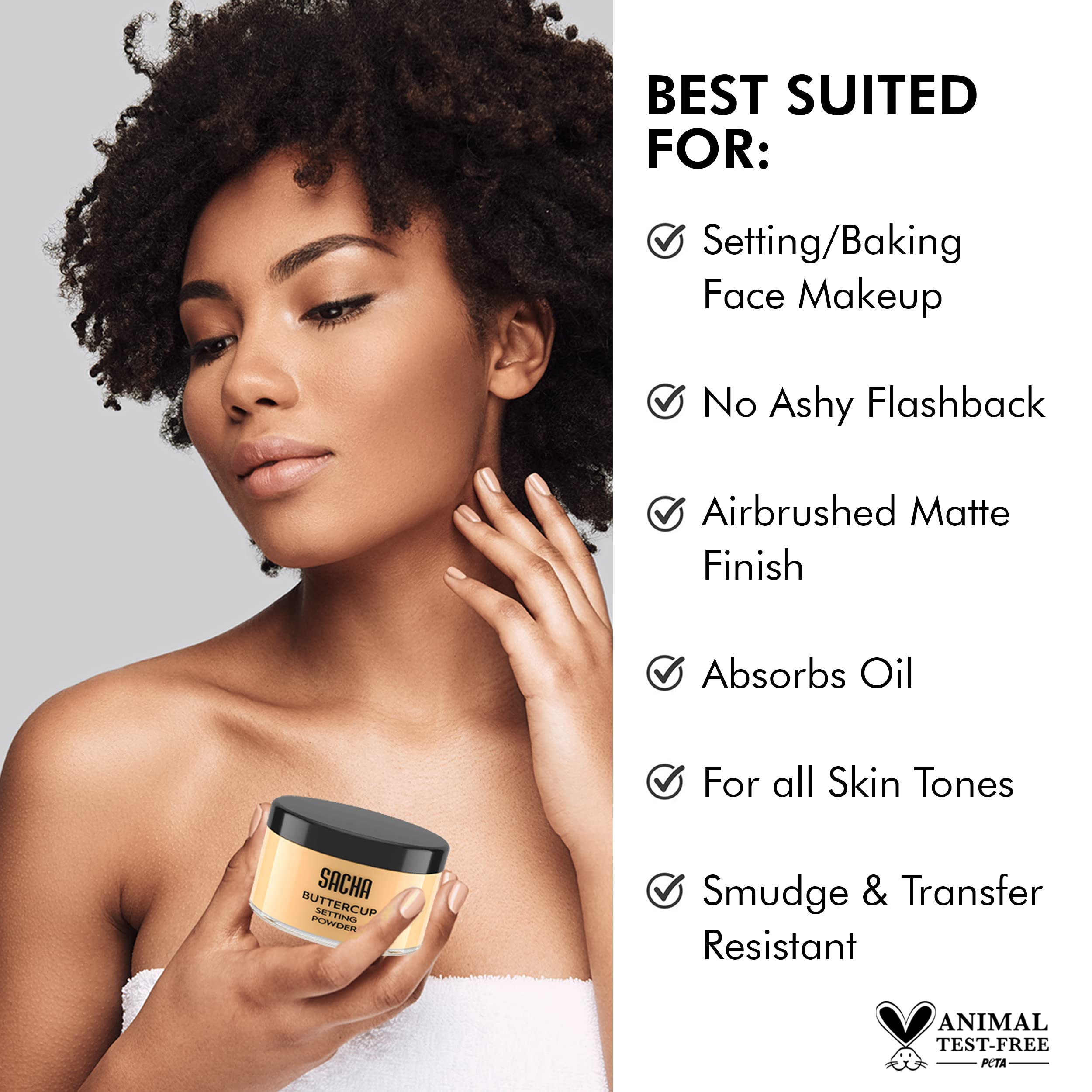 Sacha Buttercup Setting Powder dispensing shot for seamless setting.