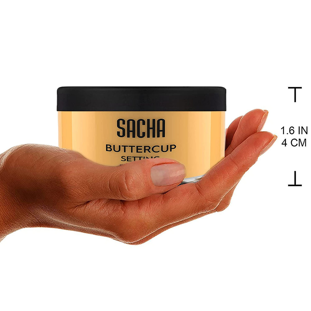 Sacha Cosmetics Buttercup Setting Powder packaging front view highlighting cruelty-free label.