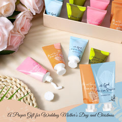 Sacubee hand cream with Bible verse labels in four colors for multiple occasions