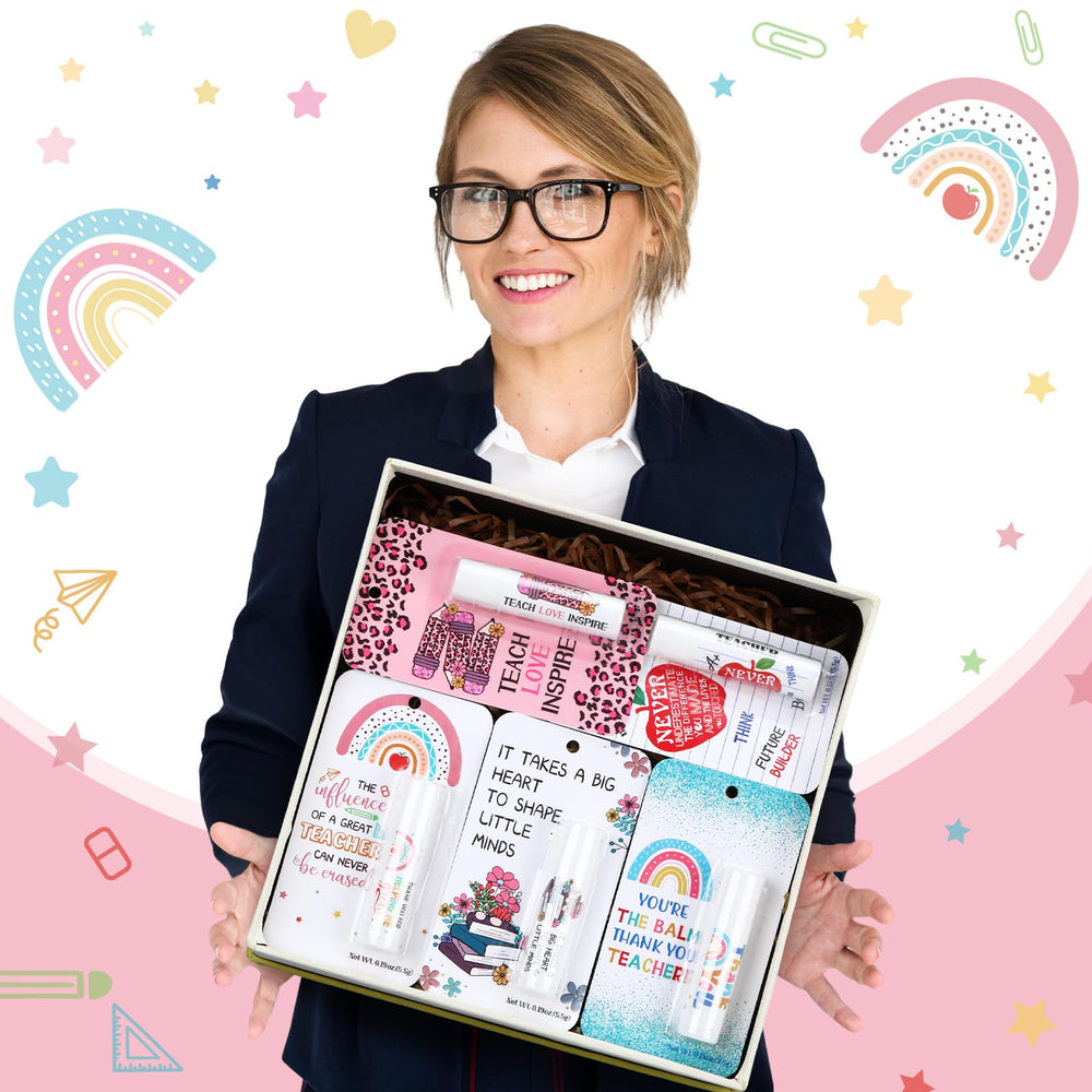 Sacubee lip balm display featuring teacher-week design for party tables.
