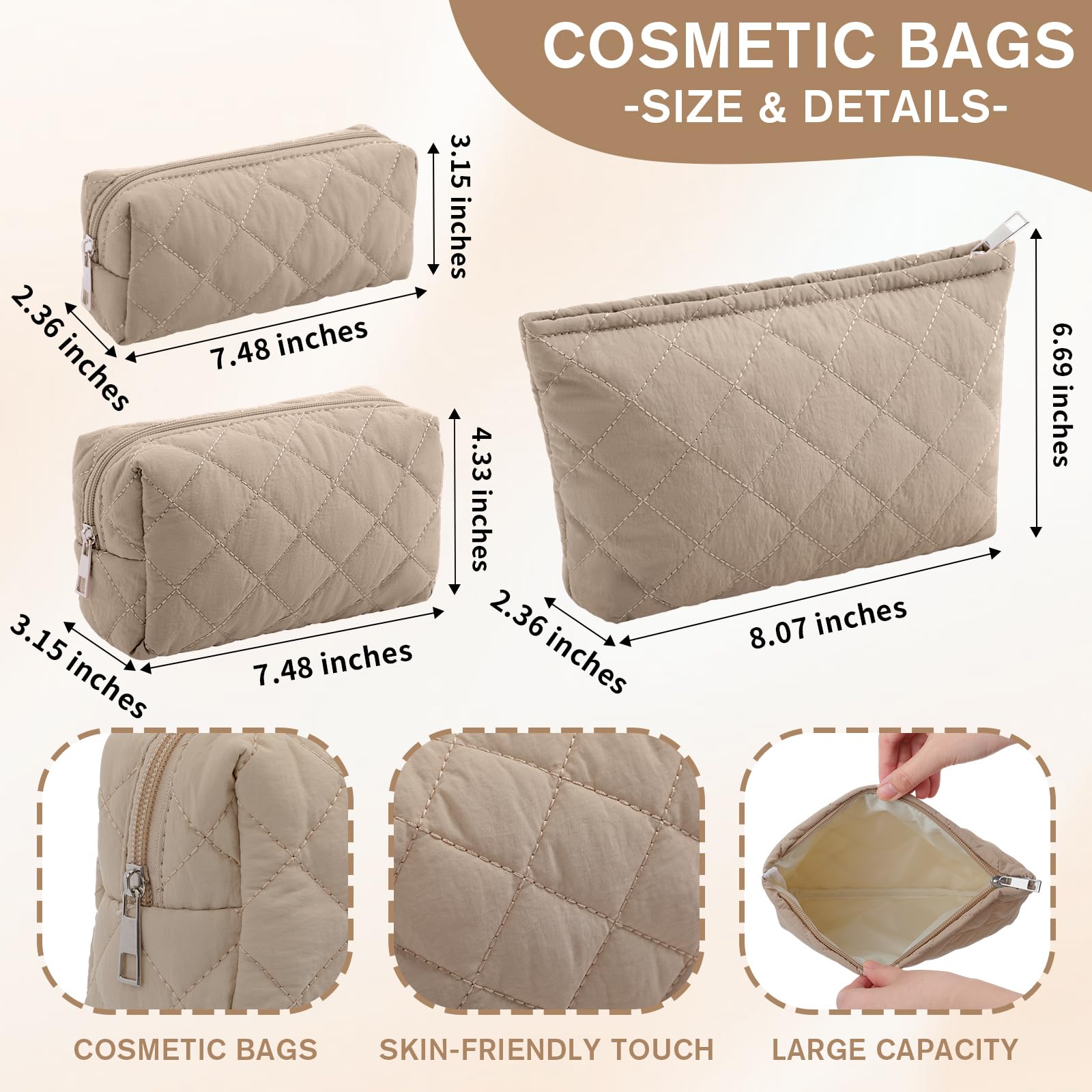 Sadnyy Quilted cosmetic pouch shows three sizes to separate items efficiently