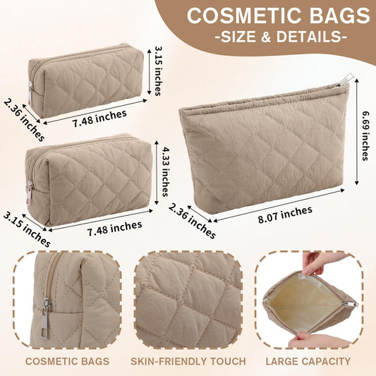 Sadnyy Quilted cosmetic pouch shows three sizes to separate items efficiently