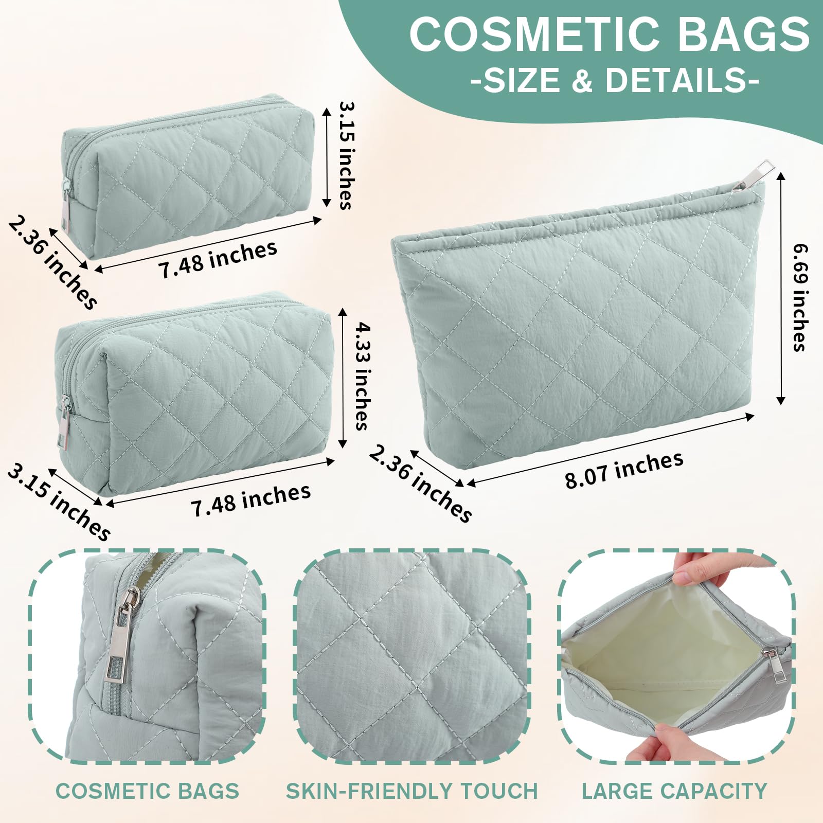 Sadnyy quilted detail emphasizes soft fabric and durable structure for cosmetics.