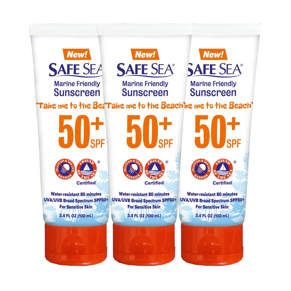 SAFE SEA bottle front view with SPF 50+ protection for sunny days
