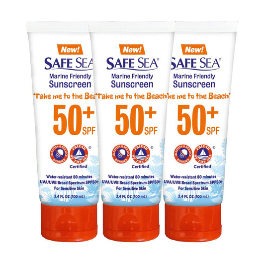 SAFE SEA bottle front view with SPF 50+ protection for sunny days