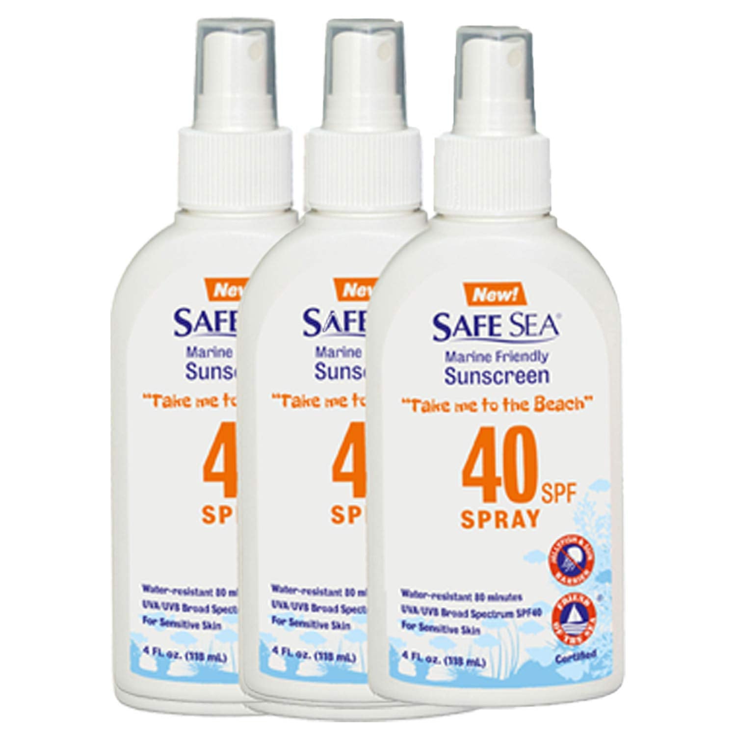 Safe Sea sunscreen spray bottle front view provides reef-safe protection for sunny days