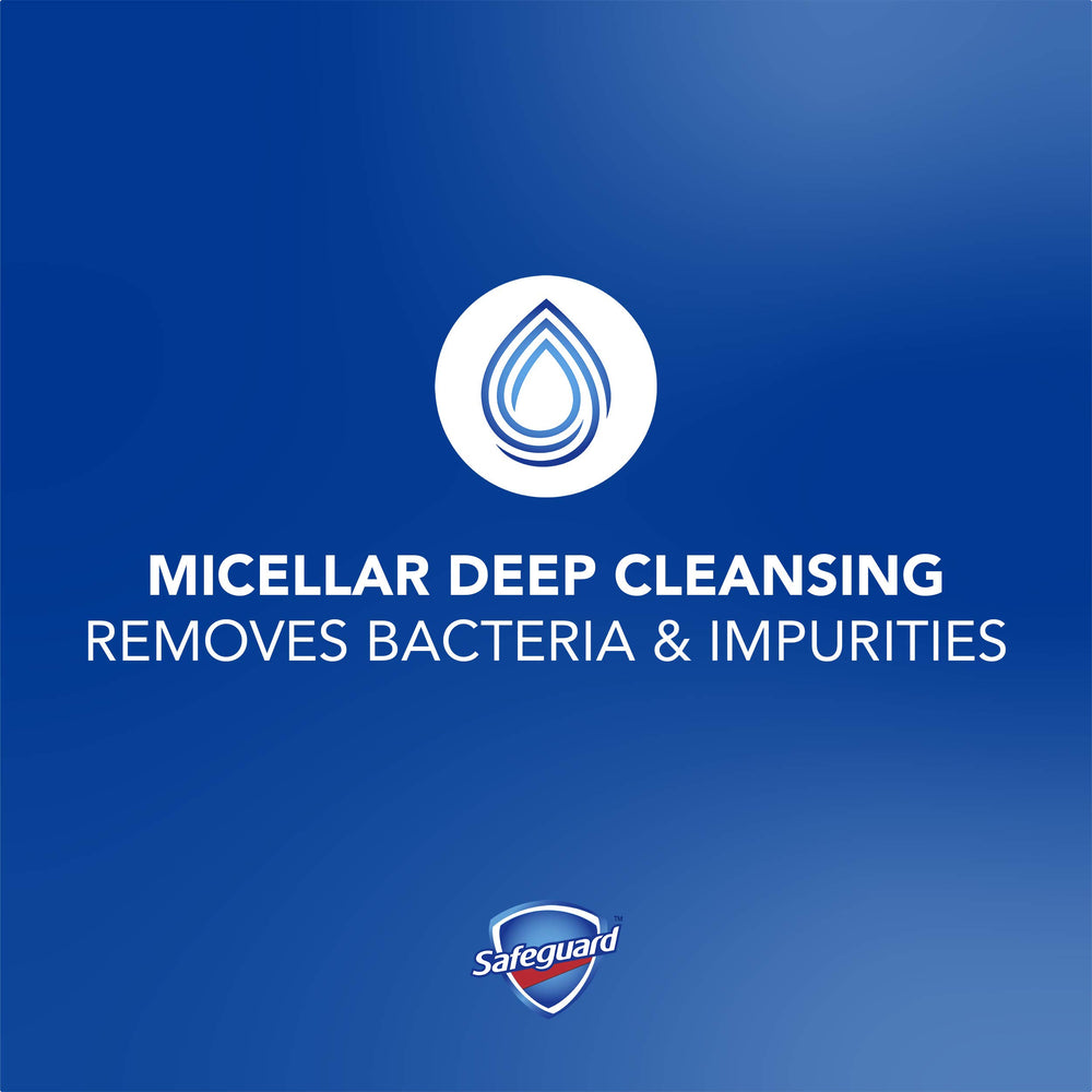 Hand with abundant foam using Safeguard micellar cleansing for cleanliness.