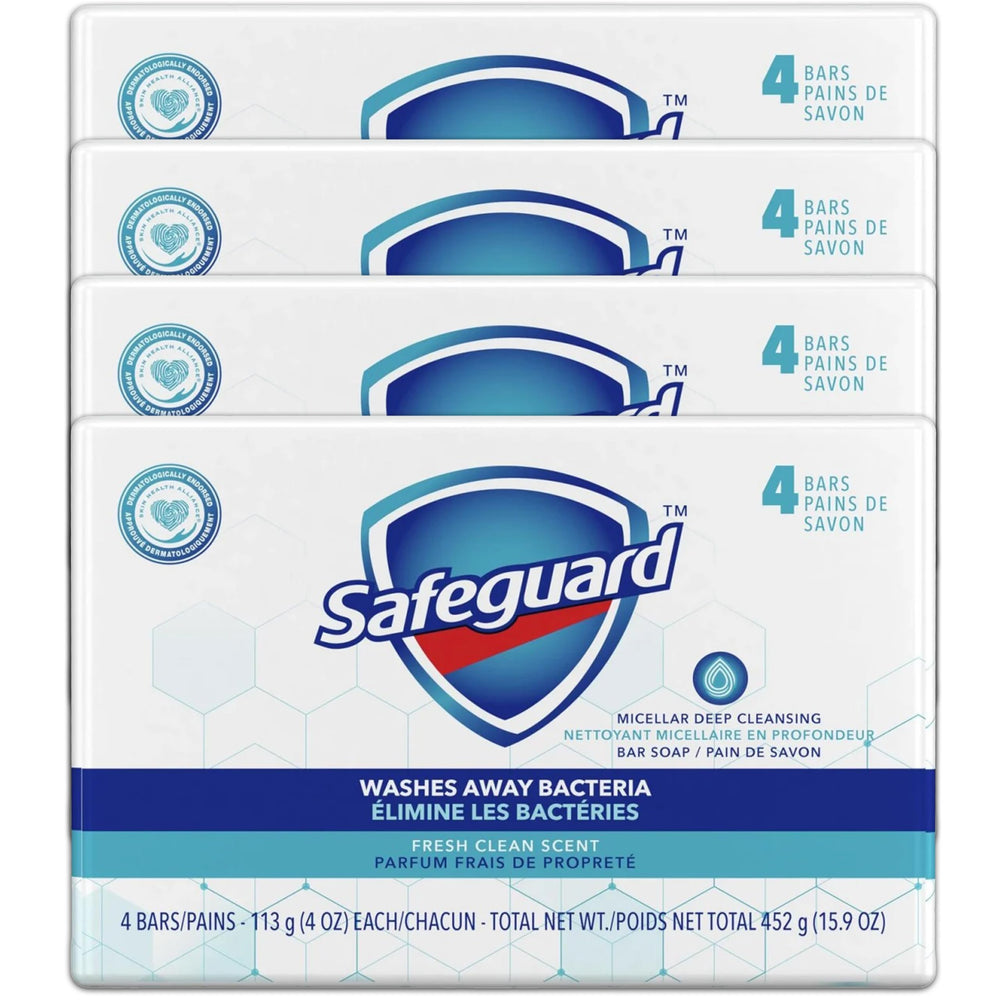 Safeguard Micellar Deep Cleansing Bar Soap pack of four bars for family daily use.