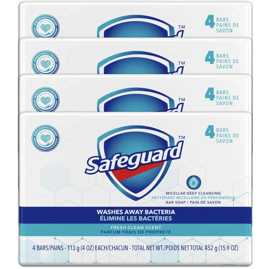 Safeguard Micellar Deep Cleansing Bar Soap pack of four bars for family daily use.