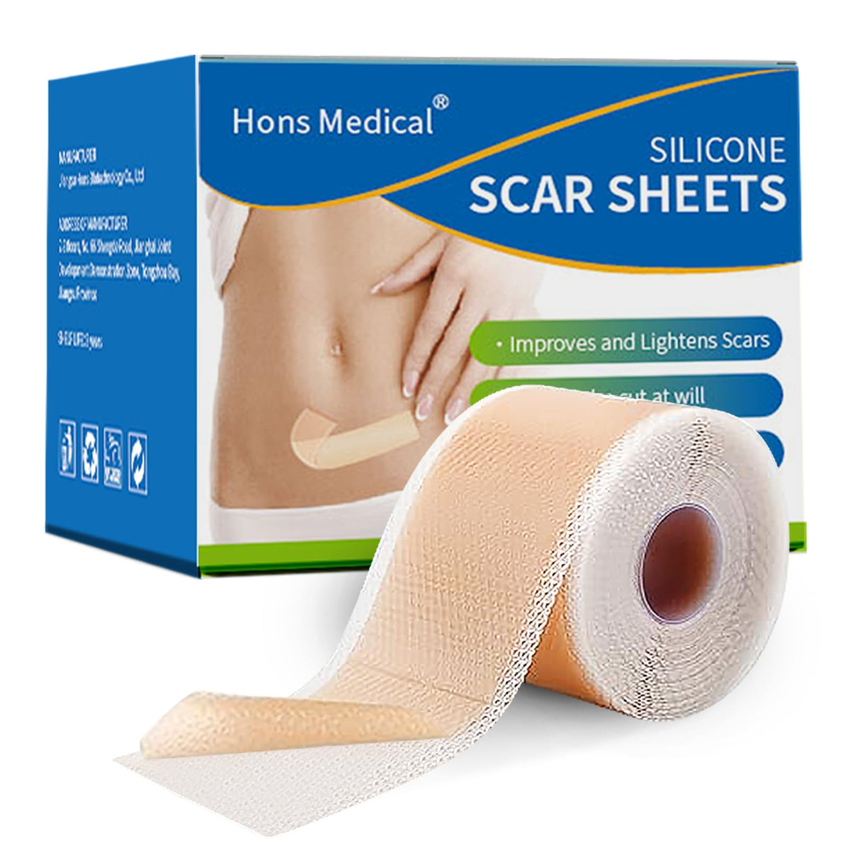 Safirst silicone scar sheet roll applied on skin, discreet and flexible.