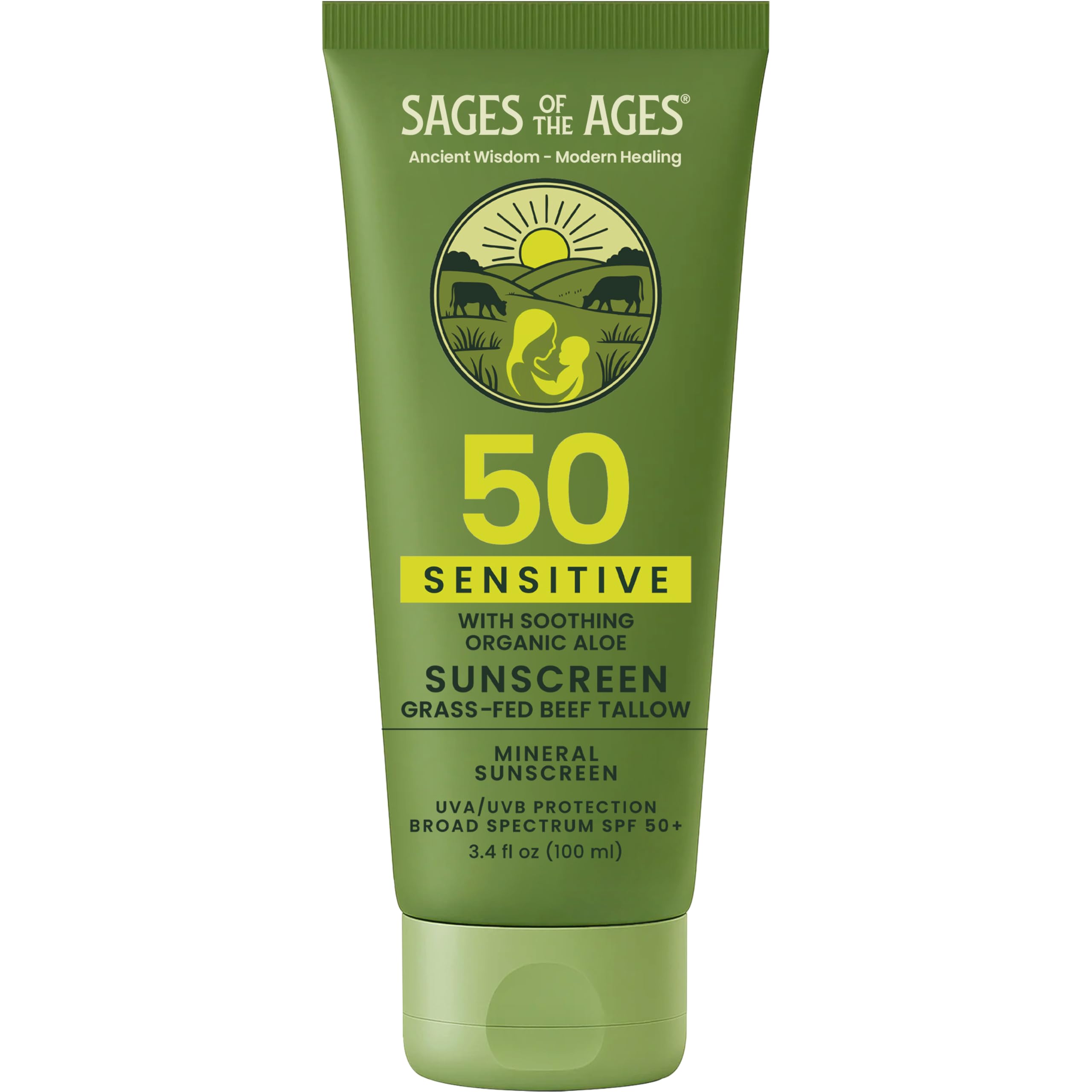 Sages Of The Ages SPF50 sunscreen bottle front, reef-safe sun protection.
