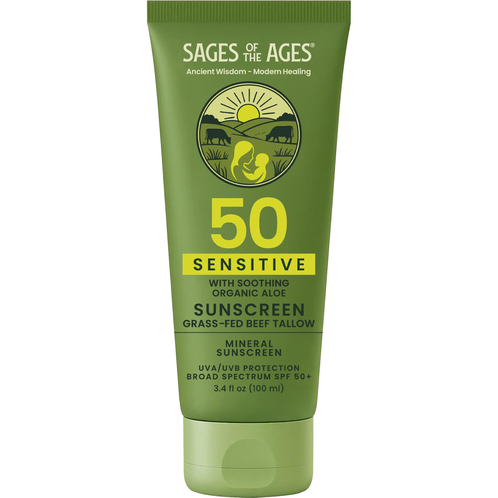 Sages Of The Ages SPF50 sunscreen bottle front, reef-safe sun protection.