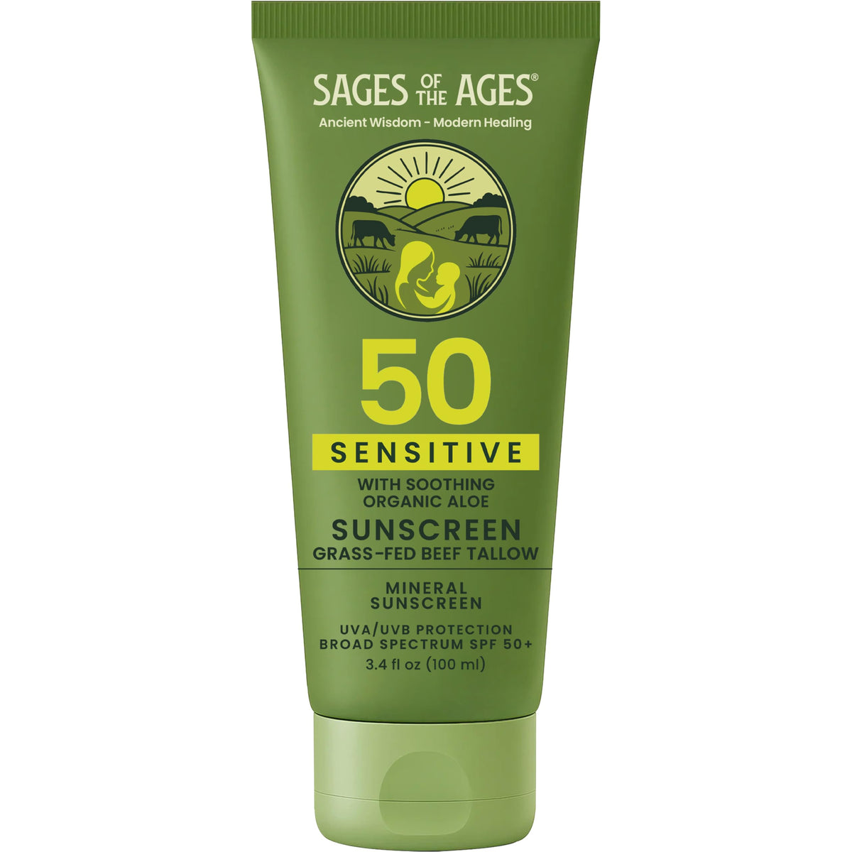Sages Of The Ages SPF50 sunscreen bottle front, reef-safe sun protection.