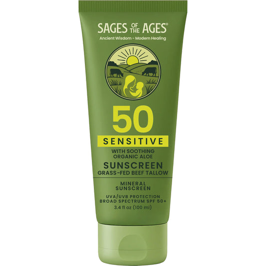 Sages Of The Ages SPF50 sunscreen bottle front, reef-safe sun protection.