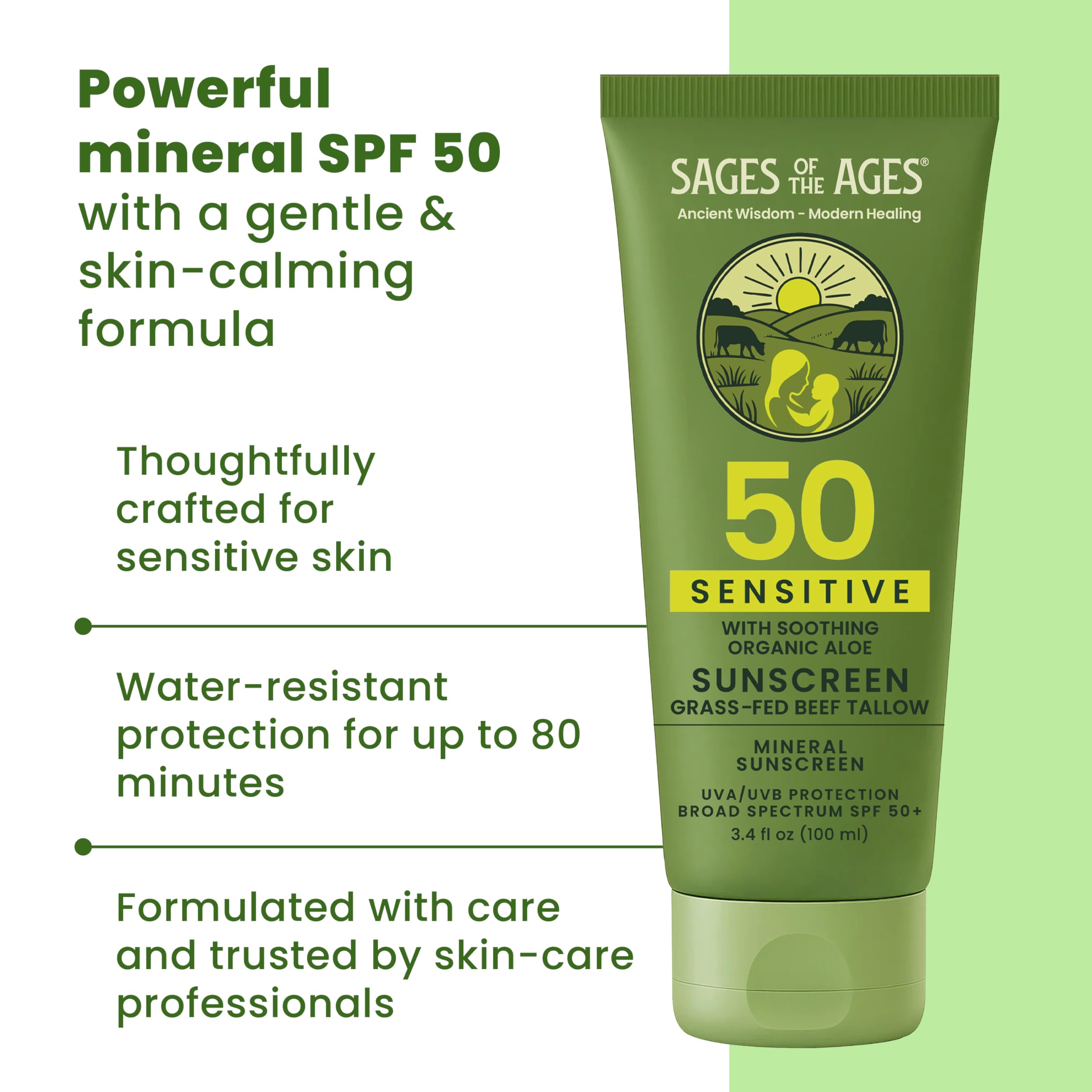 Sages Of The Ages sunscreen on face for sensitive skin protection and hydration.