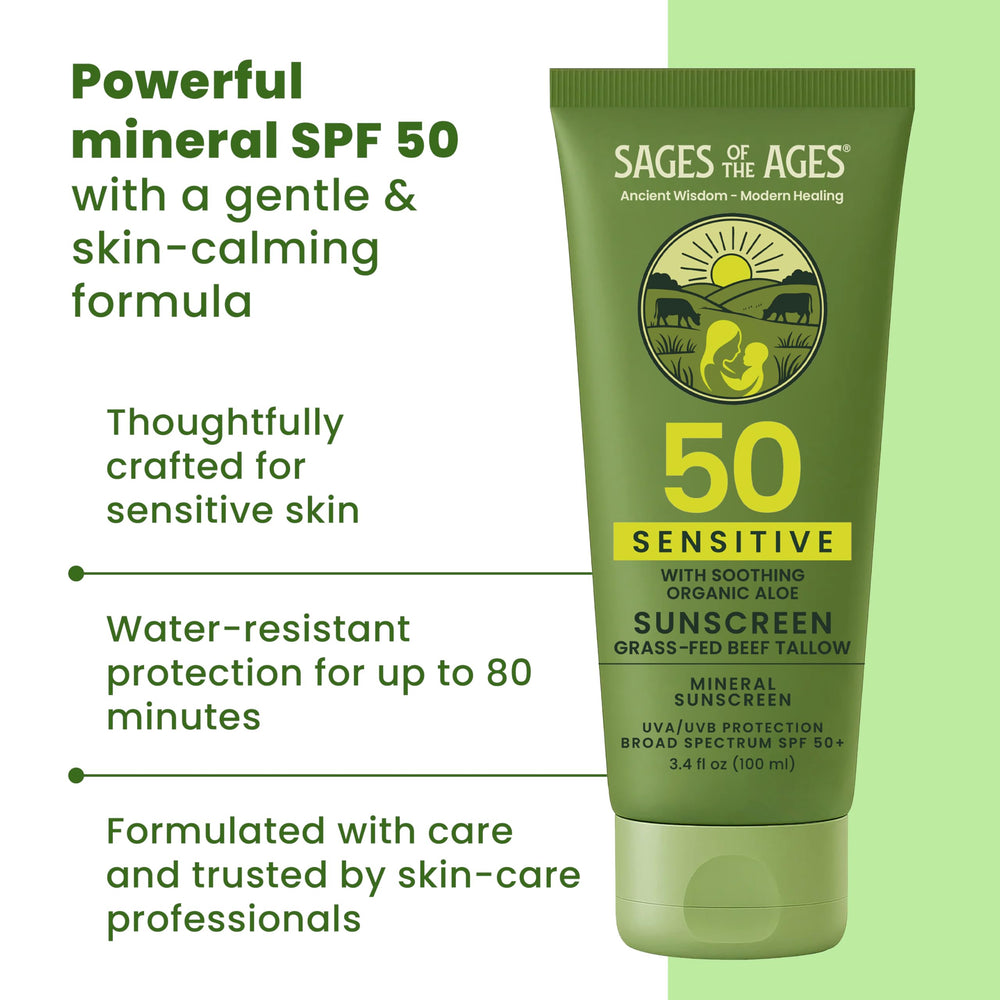 Sages Of The Ages sunscreen on face for sensitive skin protection and hydration.