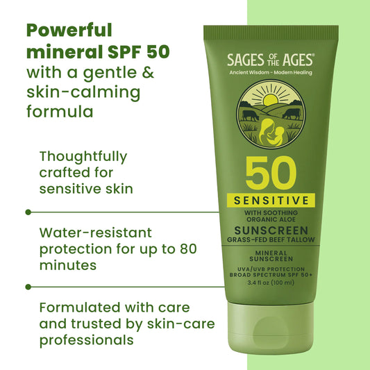 Sages Of The Ages sunscreen on face for sensitive skin protection and hydration.