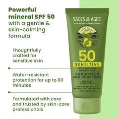 Sages Of The Ages sunscreen on face for sensitive skin protection and hydration.