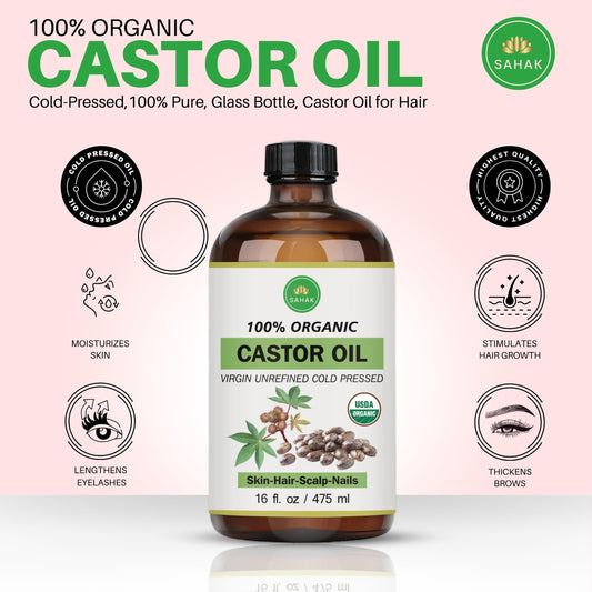 SAHAK castor oil in glass bottle for clean, hexane-free skin and hair care.