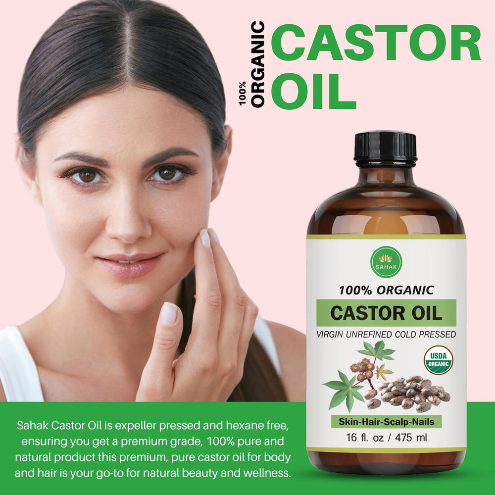 SAHAK cold-pressed castor oil bottle highlights 16 oz value.