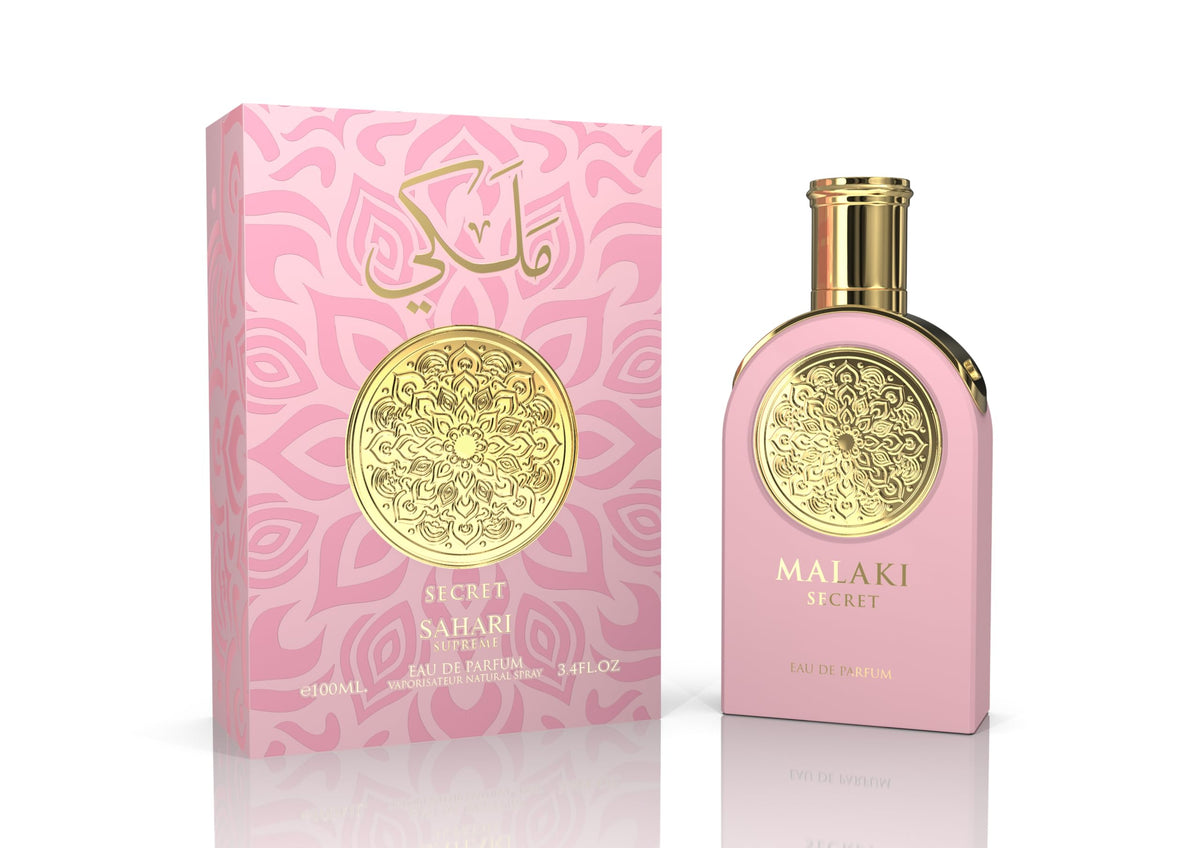 Sahari Malaki Secret EDP bottle close-up, highlighting elegance and long-lasting scent.