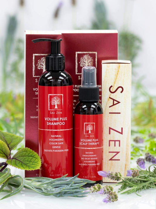 Sai Zen Volume Plus Scalp Therapy Spray bottle for post-shower scalp nourishment.