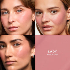 Saie Dew Blush closeup demonstrates smooth, blendable color on skin.