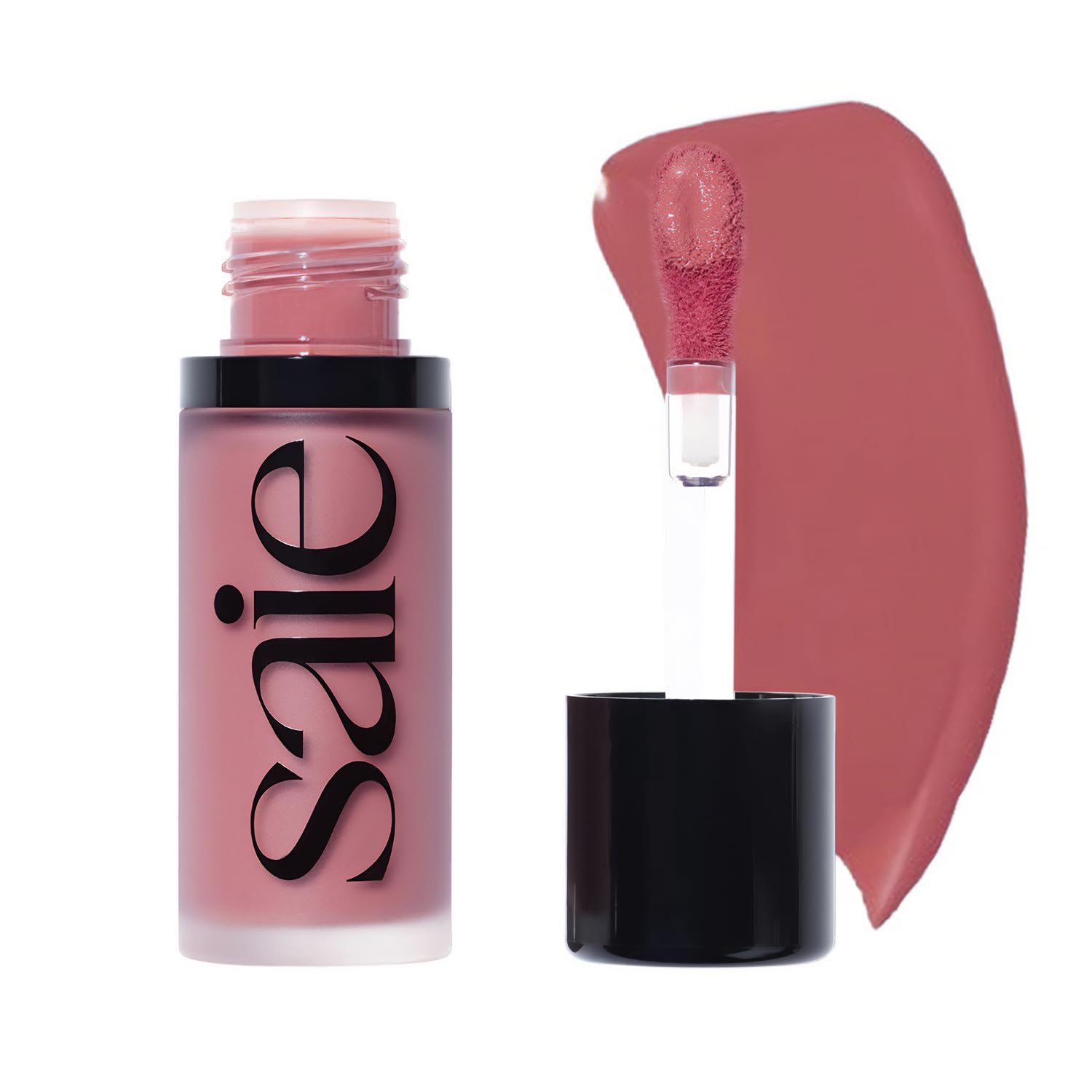 Saie Dew Liquid Blush bottle close-up showing creamy, hydrating texture for a natural glow.