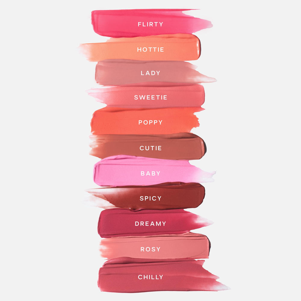 Saie Dew Liquid Blush buildable color from sheer to deeper tones.